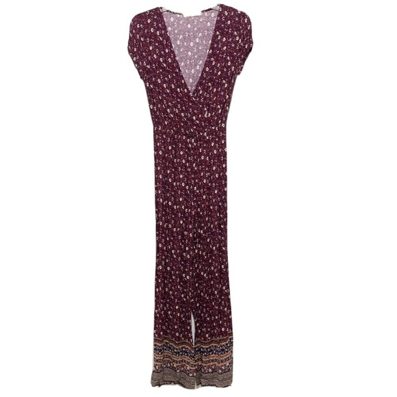 Rewind Burgundy Floral Wrap Top Short Sleeve Pants Jumpsuit size Extra Small - Picture 1 of 7